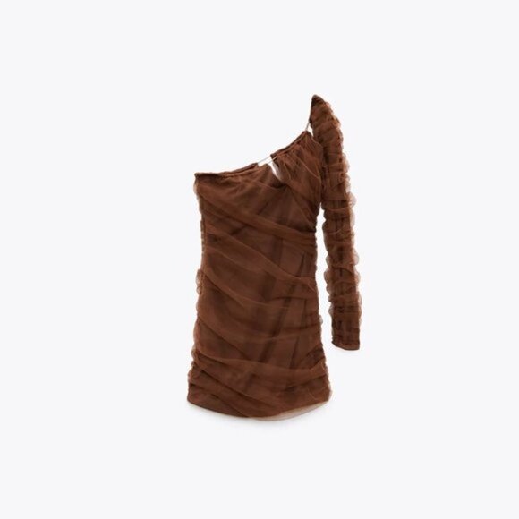 NWT Zara brown cut out tulle single sleeve mini dress, L - Picture 5 of 8